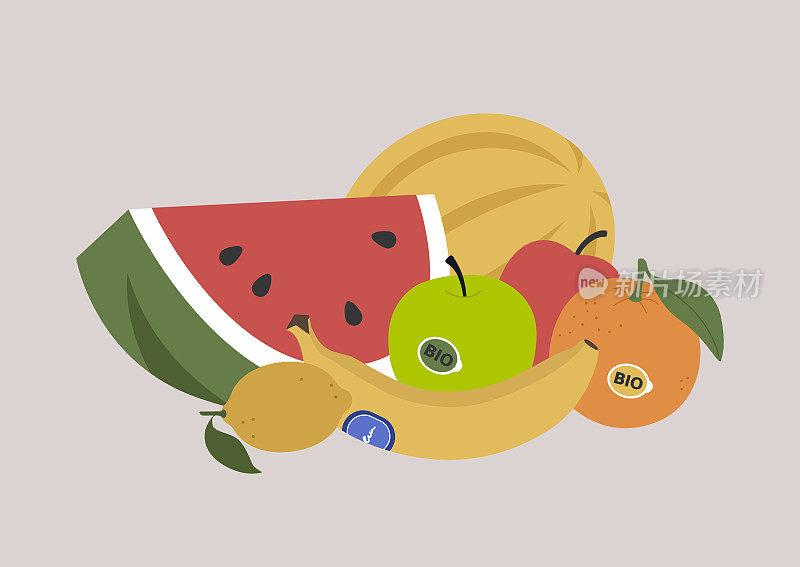 水果和浆果堆在一起，西瓜，甜瓜，苹果，橙子，柠檬，健康的生活方式，纯素食和素食饮食