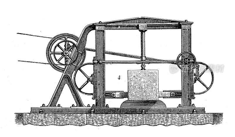 古董插图，应用机械和机器:石头的锯