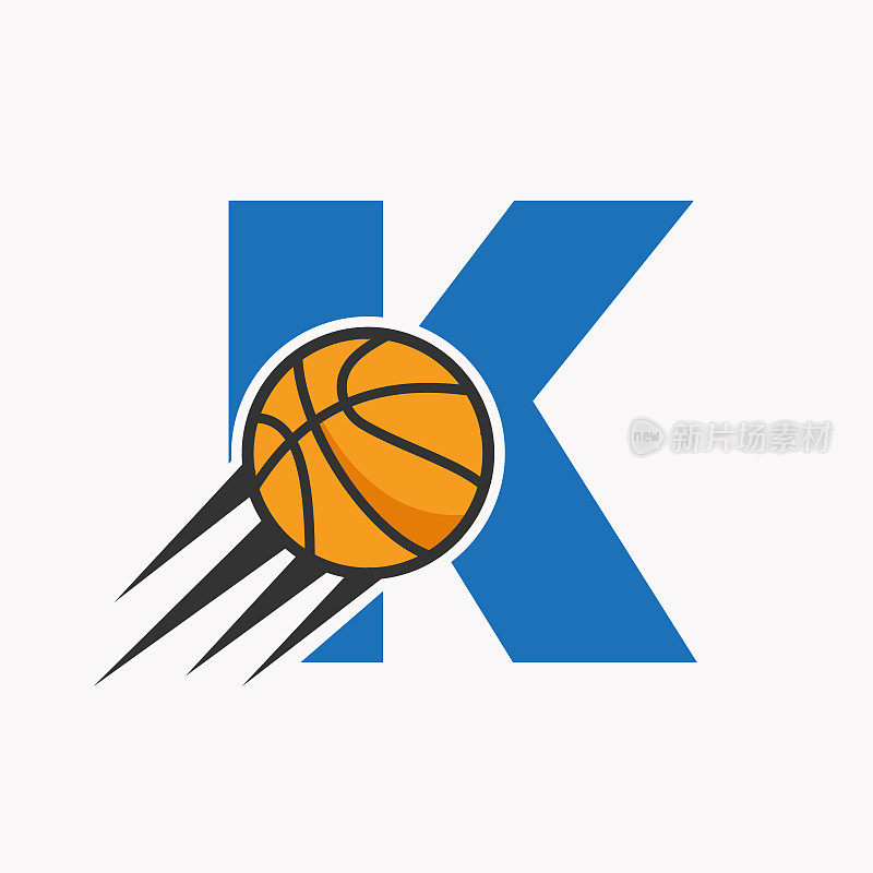最初的字母K篮球标志概念与移动的篮球图标。篮球标志符号向量模板