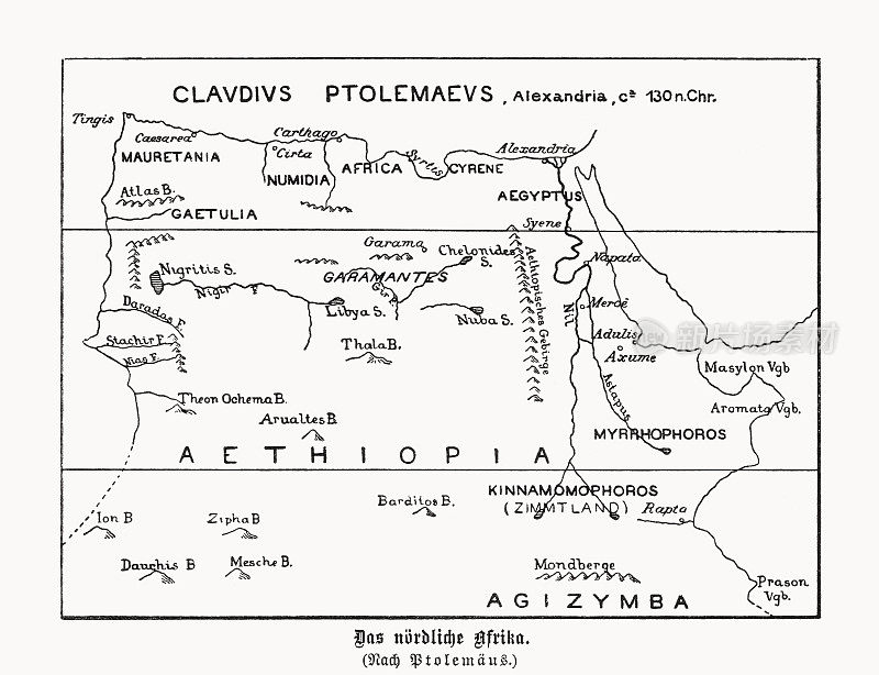 克劳迪斯・托勒密(公元130年)绘制的北非地图，木刻，1899年