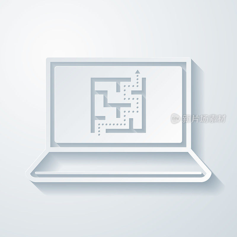 笔记本电脑迷宫。空白背景上剪纸效果的图标