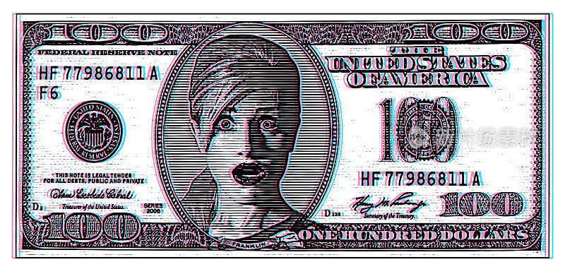 一名女子在美国一百美元钞票上露出震惊的表情。通货膨胀。