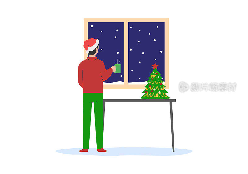圣诞快乐，新年快乐。端着咖啡的男人站在窗外，窗外是圣诞夜的风景。节日问候，合家欢度佳节。轮廓线性平面矢量插图