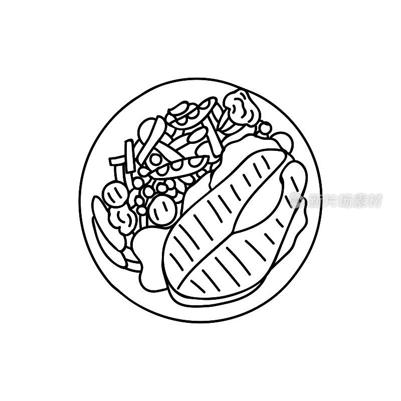 烤鲑鱼与蔬菜在盘子涂鸦插图矢量。蔬菜炒三文鱼手绘插图。餐与油炸海鲜涂鸦插图