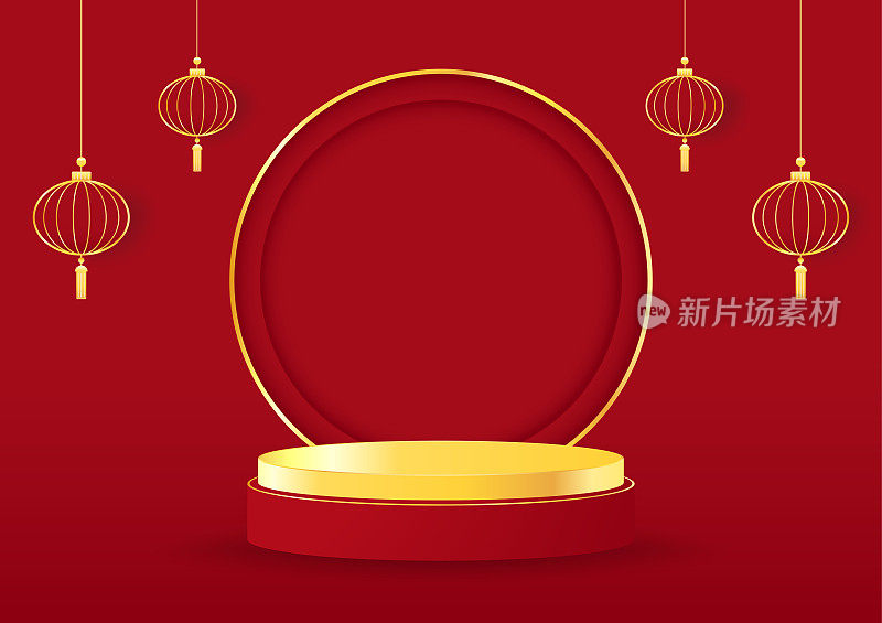 2023年春节快乐。中国新年旗帜与圈显示产品。贺卡。中国框架，红色背景灯笼。