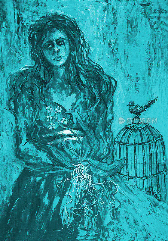 插图油画肖像的一个年轻女子在一个蓝色的背景上穿着黑色长发的裙子