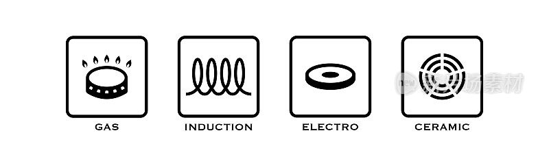 气、感应、电、陶瓷图标套装。炊具插图符号。stovec向量的符号
