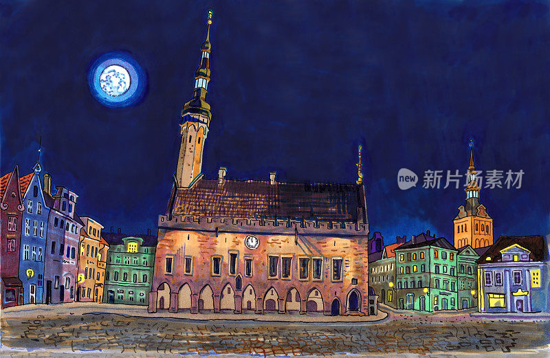 塔林老城市政厅广场的夜晚。历史建筑，圣尼古拉斯或尼古里斯特教堂，城市灯光，满月。波罗的海国家的地标。手绘素描风格的标记插图。