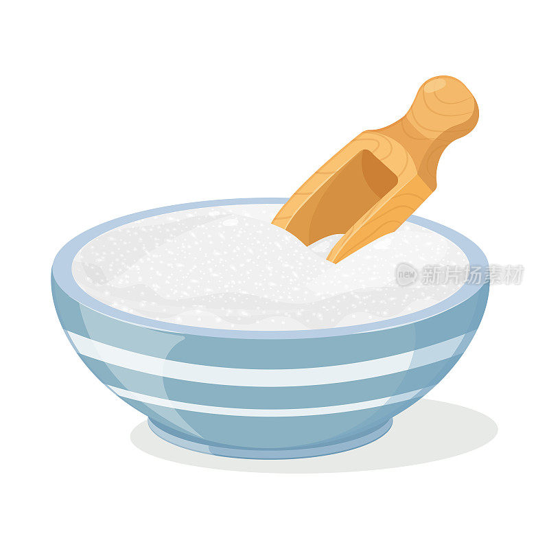 用蓝杯子和木勺把糖堆起来。矢量插图的盘子与白色精制糖。葡萄糖是结晶的