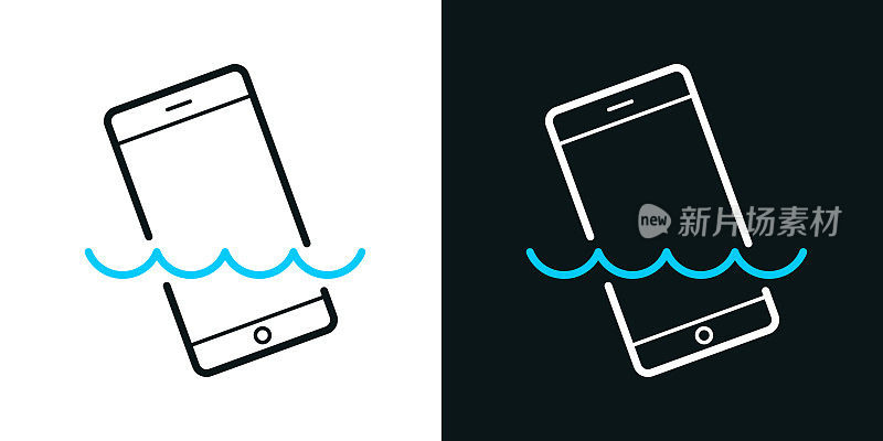 智能手机在水里。黑色或白色背景上的双色线条图标-可编辑笔触