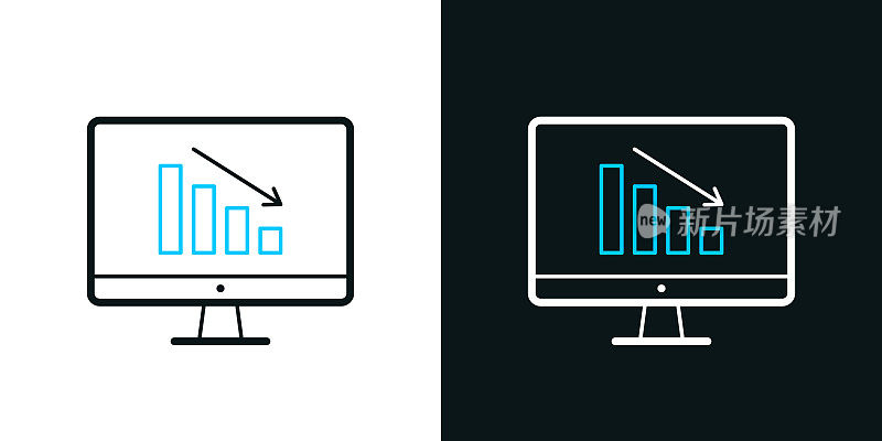 桌面电脑上的递减图表。黑色或白色背景上的双色线条图标-可编辑笔触