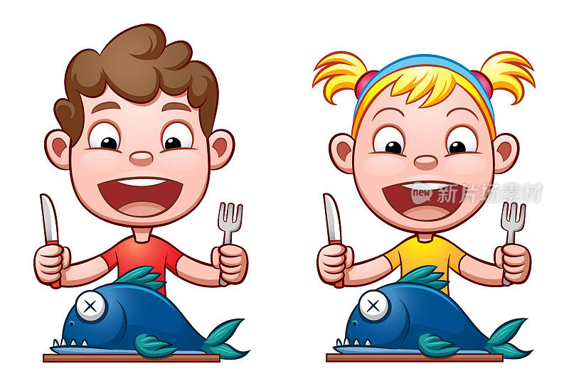男孩和女孩吃鱼