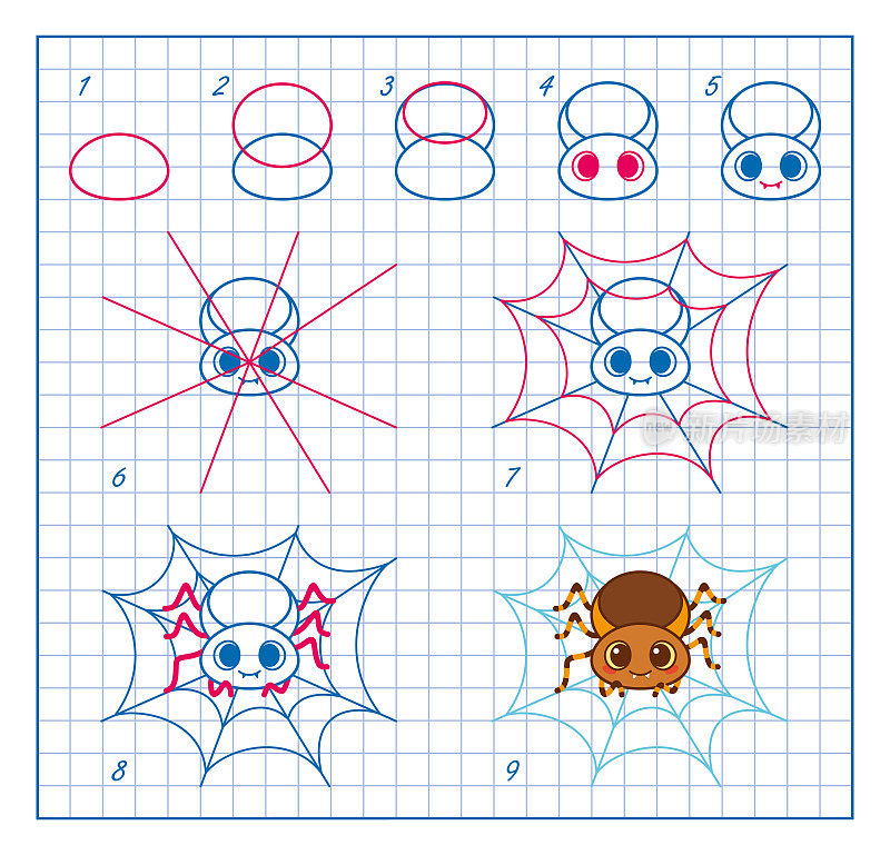 如何画蜘蛛，一步一步的教训，孩子，可爱的狼蛛着色页