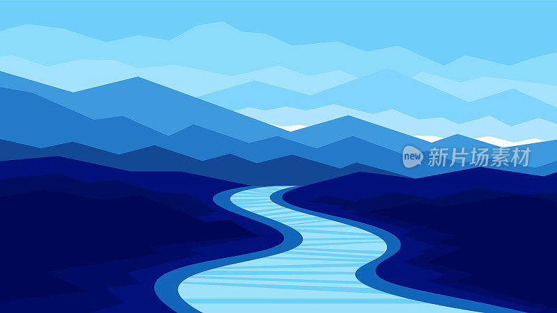 曲曲折折的河流流过深蓝的山丘上的群山剪影背景。