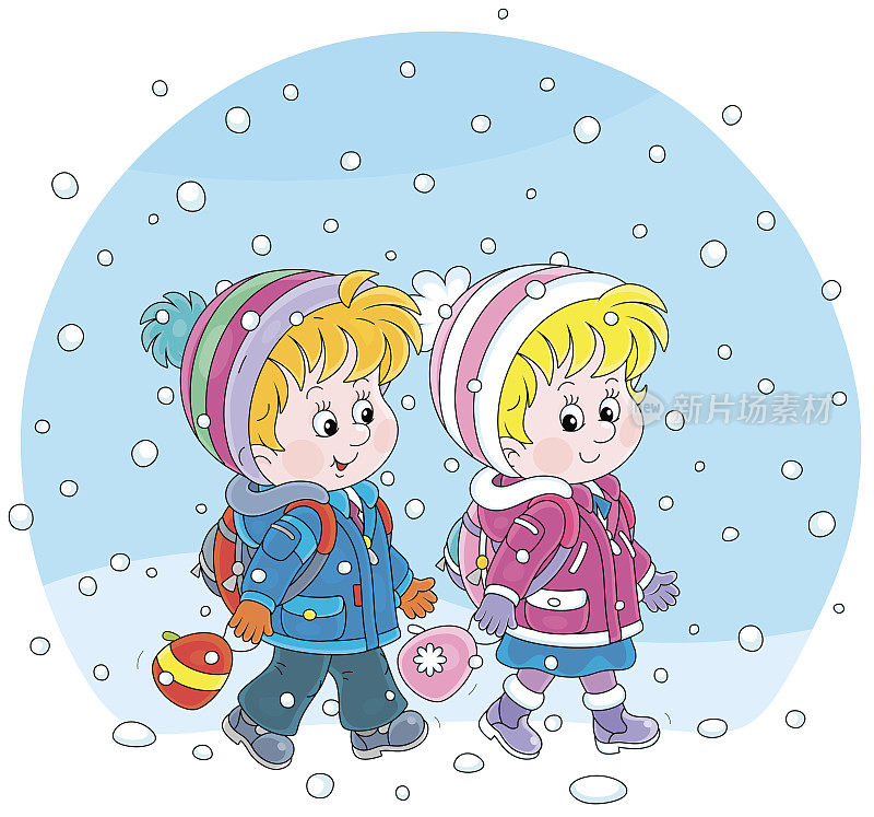 快乐的小学生在大雪中上学