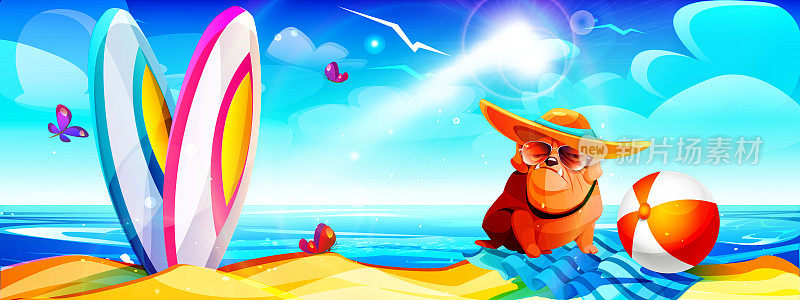 卡通风格的度假和海滩度假概念。在夏日阳光明媚的海景背景下，海滩上晒日光浴的斗牛犬和冲浪板。