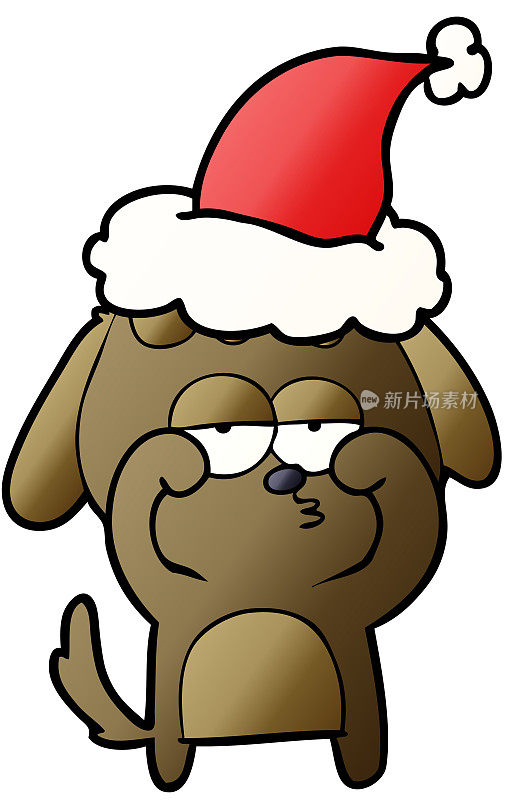 手绘渐变卡通，一只疲惫的狗戴着圣诞老人的帽子