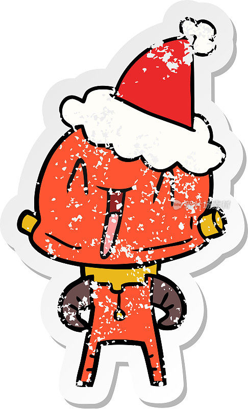 手绘的心疼贴纸卡通机器人戴着圣诞老人的帽子