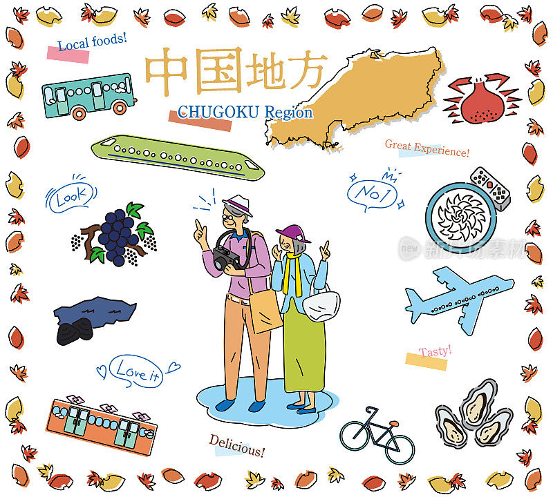 老年夫妇在日本楚谷地区享受秋天的美食观光，图标套装(线条画)