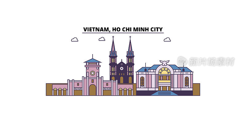 越南胡志明市旅游地标，矢量城市旅游插画
