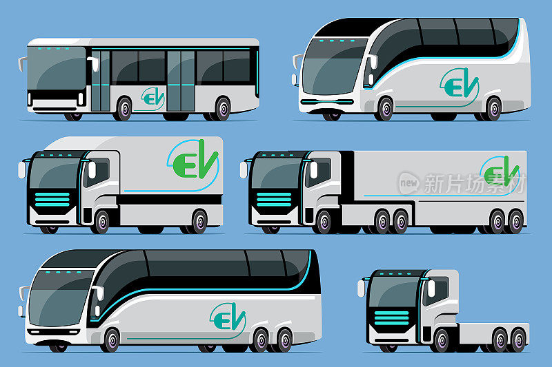 蓝色背景上的汽车矢量模板。电动巴士，卡车，电动卡车，拖车，卡通风格的汽车。用于信息图表，商业，网页和游戏设计。