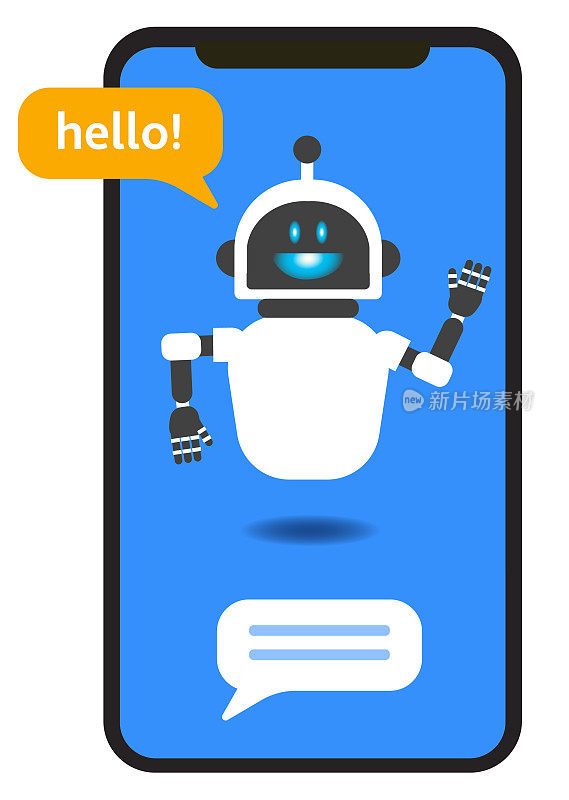 聊天机器人虚拟助手问候语音气泡在智能手机屏幕上的概念图标在白色背景