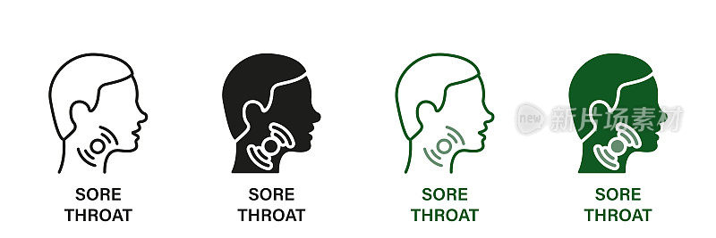 疼痛的咽喉符号收集。咽喉痛线和剪影图标集。男性头部，有心绞痛、流感、感冒症状。孤立矢量图