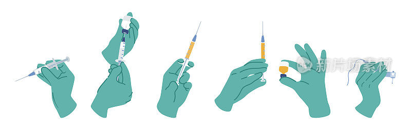 一组手戴橡胶手套，拿着装满液体的注射器。用于接种疫苗、抽血的医学图标