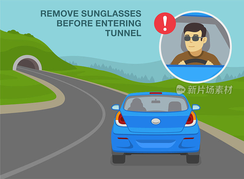 安全驾驶技巧和规则。隧道的限制。进入隧道前摘掉太阳镜。汽车驶入山路隧道。