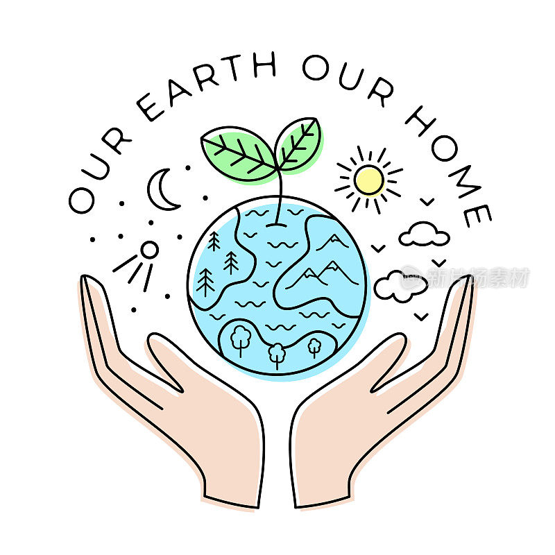 我们的地球，我们的家。双手握着地球。矢量生态插图。手绘素描涂鸦风格。