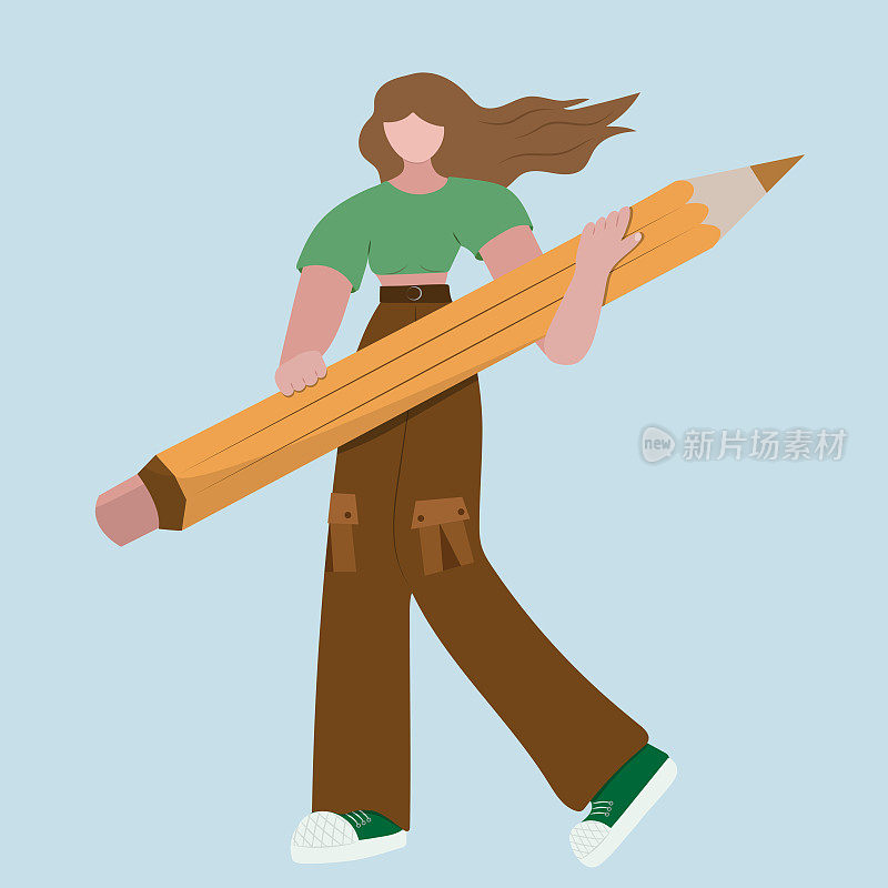 年轻女子拿着大铅笔。可爱有趣的孤立人物在平面风格。