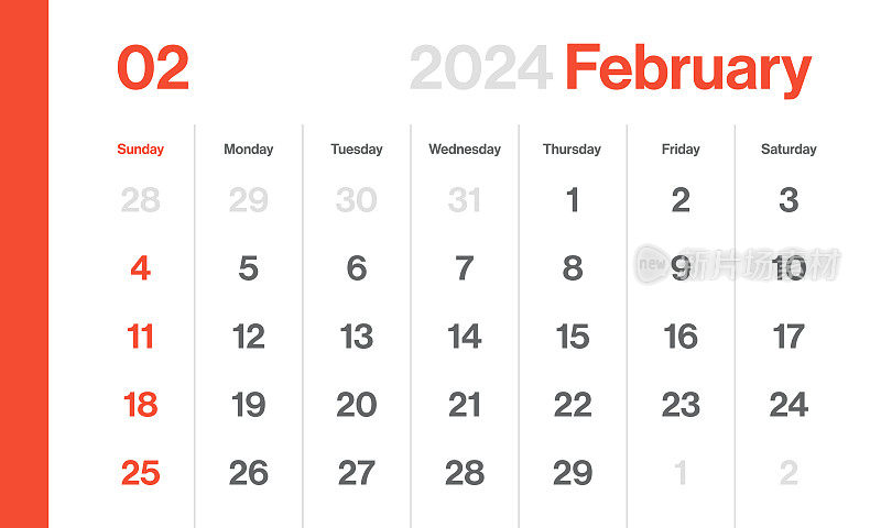 2024年2月-月历。极简风格的景观水平日历2024年。向量模板。一周从周日开始
