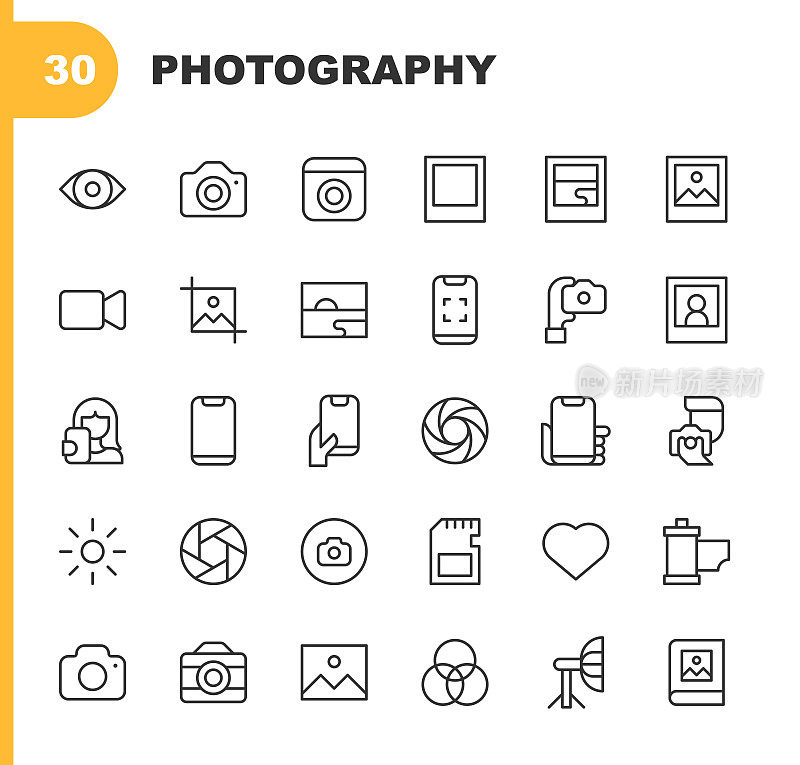 摄影线图标。可编辑的笔画，包含诸如相机，曝光，眼睛，电影，图像，影响者，电影，派对，照片，照片书，摄影，图片，安全摄像头，自拍，社交媒体，电视，修剪，视频，视频通话，网络摄像头等图标。