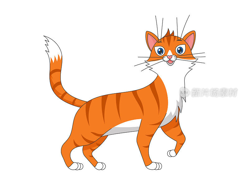 可爱的卡通有趣的红条纹猫。善良的画微笑的小动物宠物小猫顽皮。创意图形手绘印刷。矢量图