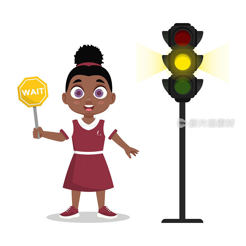 有一个等待标志的女孩。交通灯显示黄色信号。矢量插图。