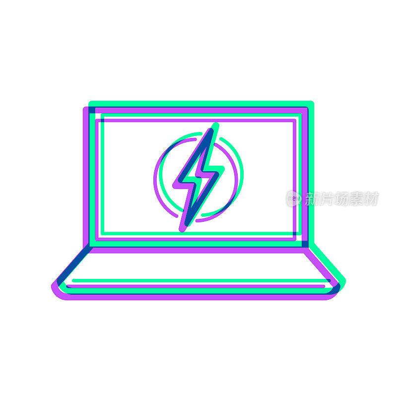 带电符号的笔记本电脑。图标与两种颜色叠加在白色背景上