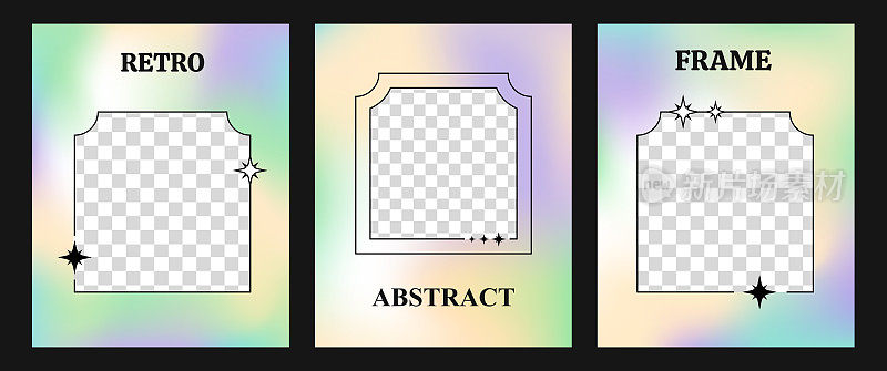 一组三个梯度矢量背景与线框架，y2k风格封面与复制空间，现代千禧年彩色背景。