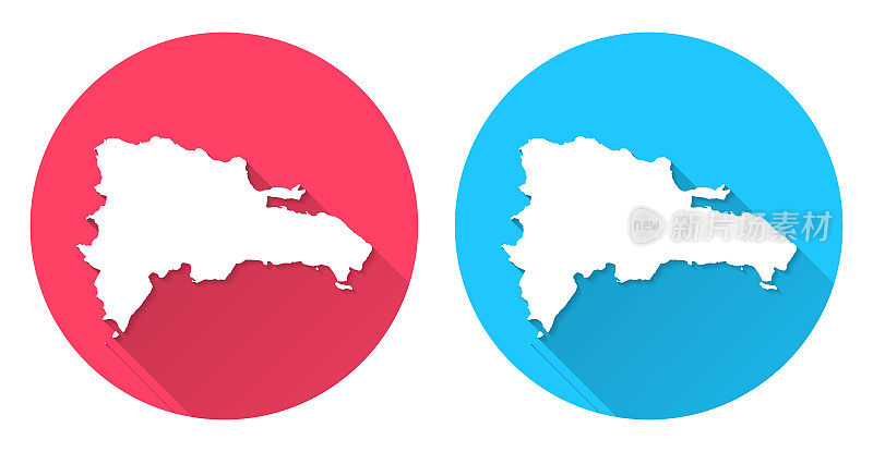 多米尼加共和国地图。圆形图标与长阴影在红色或蓝色的背景