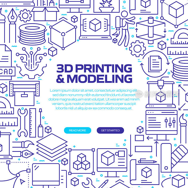 3D打印和建模网络横幅与线性图标，新潮的线性风格向量