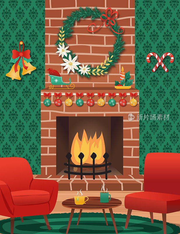 带壁炉的房间为圣诞节装饰