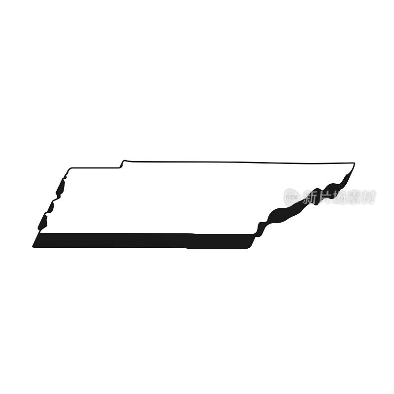 田纳西州地图，黑色轮廓，白色背景上的阴影