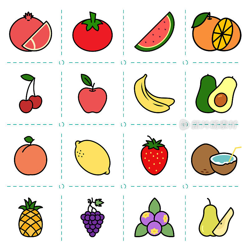 一套图标和水果插图。
