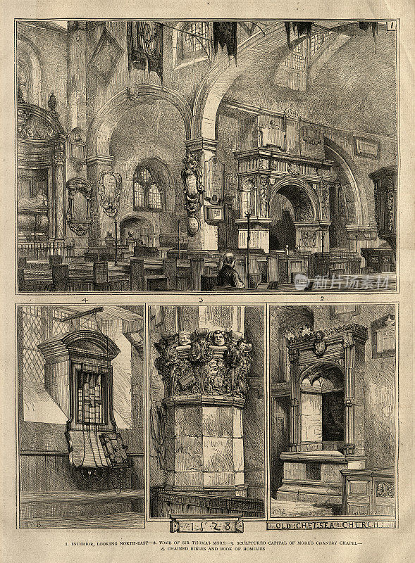 英国圣公会教堂切尔西老教堂素描，托马斯莫尔墓，锁链圣经，1872年，19世纪
