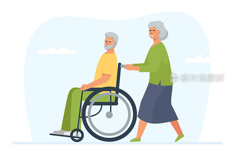 一位上了年纪的妇女用轮椅推着她残疾的丈夫。一对成年夫妇的散步和消遣。