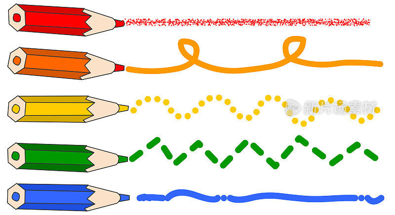 行类型。不同之字形，波浪形，曲线形，虚线形，点形，不规则点形，点形的舱口边缘集合。红，绿，蓝，黄，橙。丰富多彩的石墨笔。彩色铅笔。说明向量