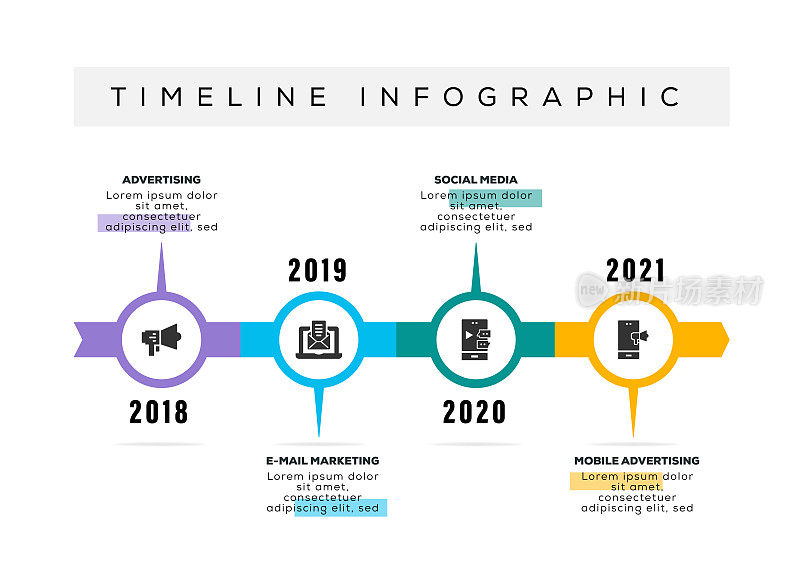 信息图表设计模板。广告，电子邮件营销，社会媒体，移动广告图标与4个选项或步骤。