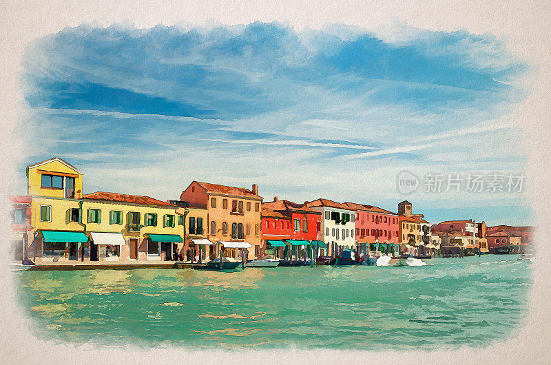 水彩画慕拉诺岛水渠、小船和摩托艇、一排排色彩斑斓的传统建筑、威尼斯泻湖、威尼斯省