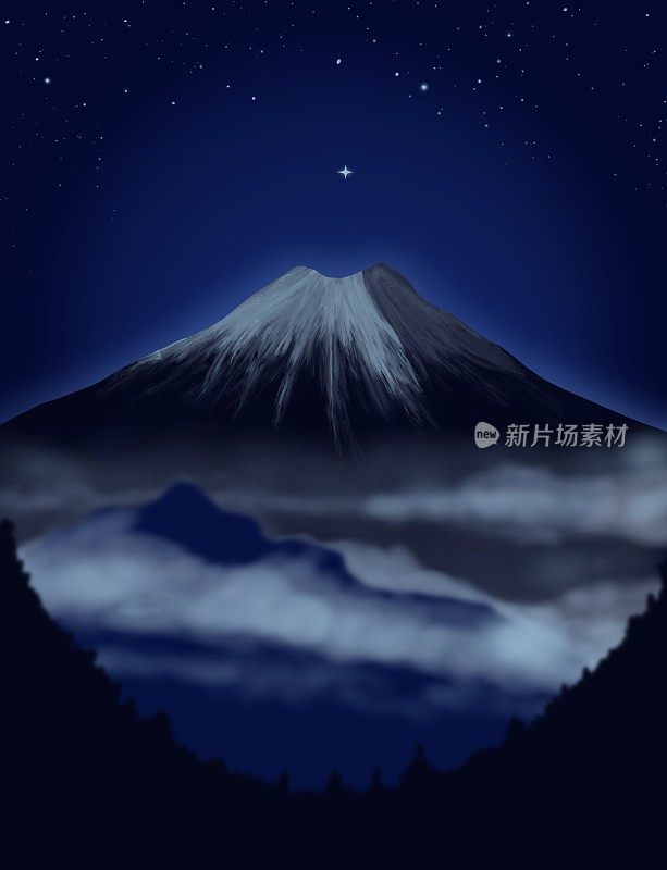 日本富士山夜景、雾、星图