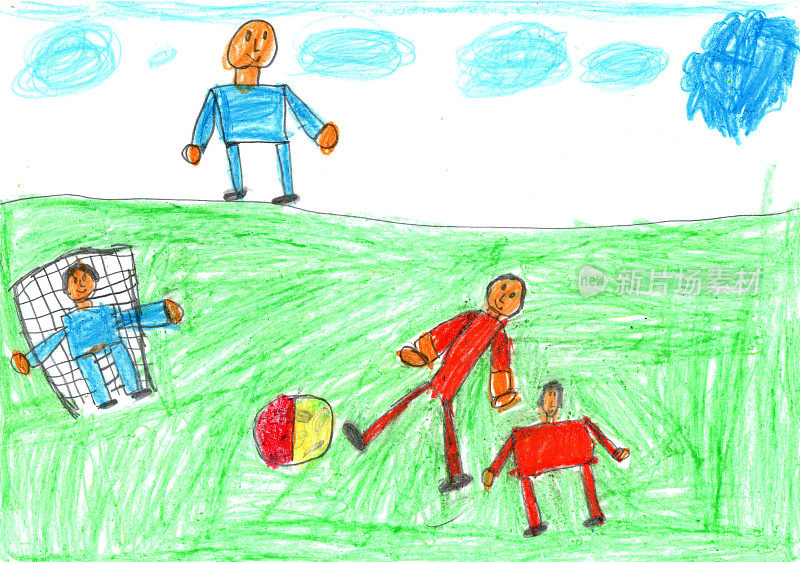 孩子画了一个快乐的运动家庭踢足球。积极健康的生活方式。儿童风格的铅笔艺术。