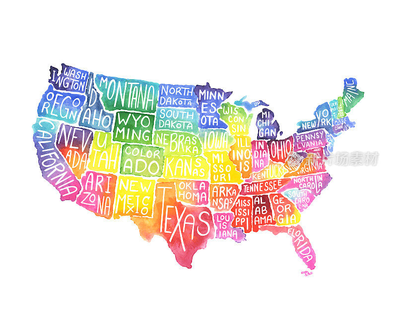 美国州地图水彩和墨水插图与州名称。向量EPS10插图
